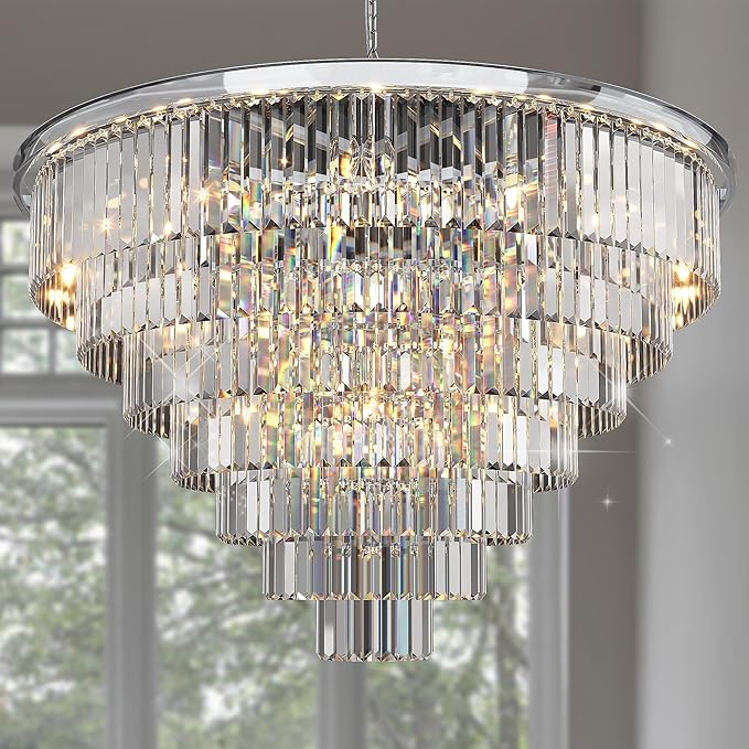 Luxury Crystal Chrome Chandelier Lighting Modern Contemporary Chandeliers Pendant Ceiling Lamp Light Fixture 7-Tier for Dining Room Living Room Hotel Showroom (24 Lights) W39.4