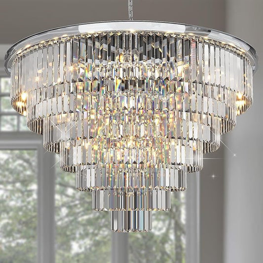 Luxury Crystal Chrome Chandelier Lighting Modern Contemporary Chandeliers Pendant Ceiling Lamp Light Fixture 7-Tier for Dining Room Living Room Hotel Showroom (24 Lights) W39.4