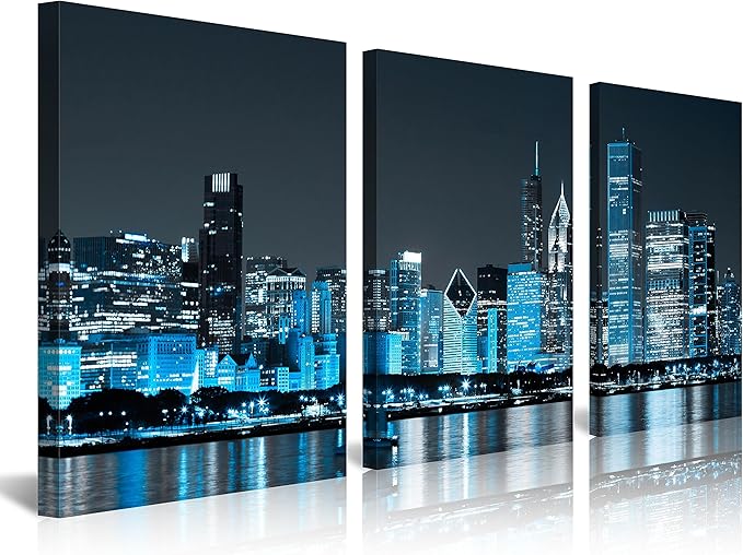 NAN Wind Modern Office Decor Chicago Skyline Canvas Art Chicago City Center Skyline Canvas Prints Cityscape Wall Decorations Blue Wall Decor for Living Room Pictures for Bedroom Decorations