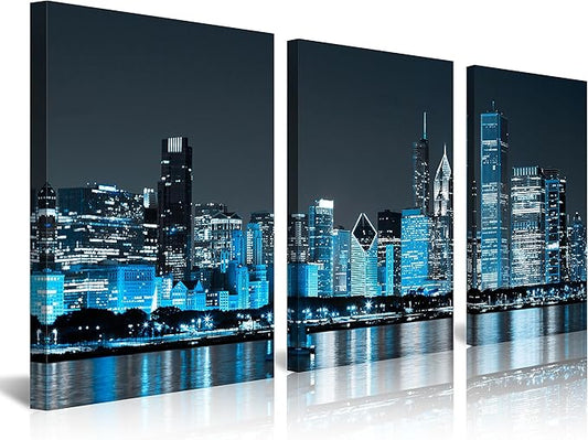 NAN Wind Modern Office Decor Chicago Skyline Canvas Art Chicago City Center Skyline Canvas Prints Cityscape Wall Decorations Blue Wall Decor for Living Room Pictures for Bedroom Decorations