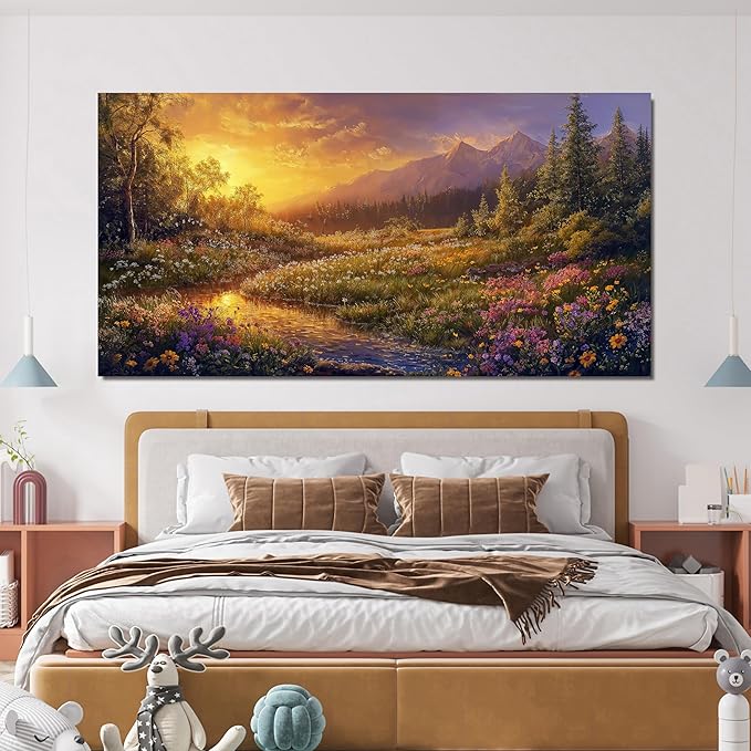 Canvas Wall Art Decor Wall Art Pictures for Living Room Artwork for Walls Vintage Landscape Art Prints Canvas Art Wall Decor Countryside River Wall Art Decorations Bedroom Home Wall Decor 20" X 40"