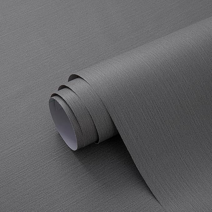 24"x393" Grey Grasscloth Peel and Stick Fabric Textured Contact Paper Linen Wallpaper Vintage Matte Frosted Waterproof Flax Wallpaper for Bedroom Bathroom Kitchen (Dark Gray)