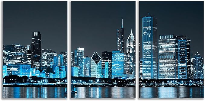 NAN Wind Modern Office Decor Chicago Skyline Canvas Art Chicago City Center Skyline Canvas Prints Cityscape Wall Decorations Blue Wall Decor for Living Room Pictures for Bedroom Decorations