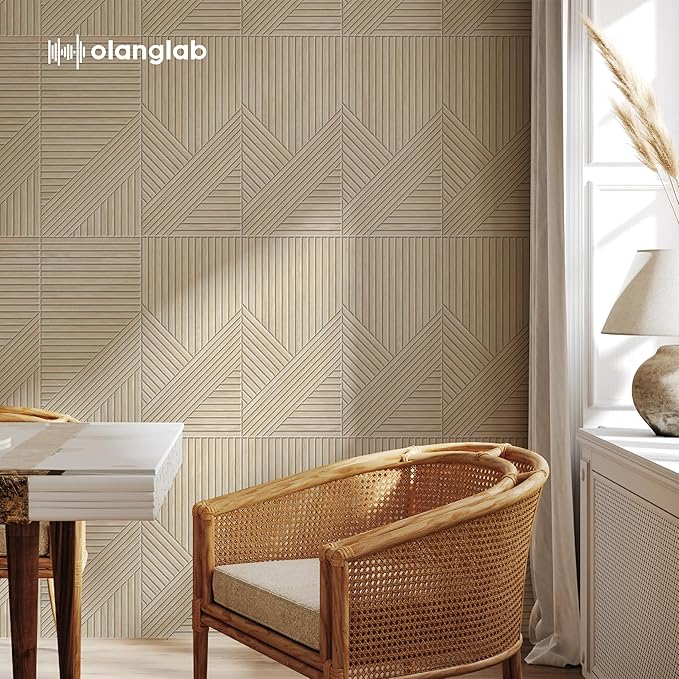 Olanglab Peel and Stick Wall Panels 6 Pack, 23.6 x 11.8 per Wall Panels, Acoustic Wall Panels, Sound Absorbing Wall Art for Home Studio and Office, Light Natural Oak Pattern, Dynamic Lines