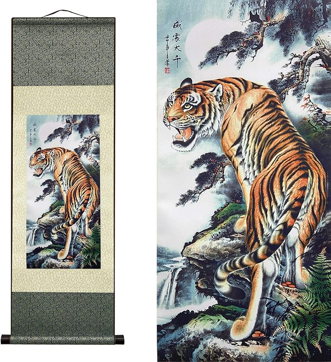 AtfArt Asian Wall Decor Beautiful Silk Scroll Painting Deterrence Tiger Oriental Decor Chinese Art Wall Scroll Wall Hanging Painting Scroll (36.2 x 12 in)