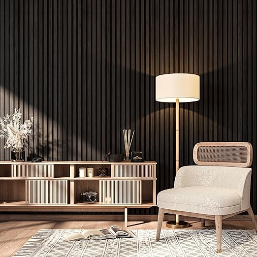 94" L x 24" W Acoustic Wood Wall Paneling, Decorative Sound Proof Panels for Walls and Ceilings, 3D Slat Wood Wall Panels (Set of 10) (Jet Black.)