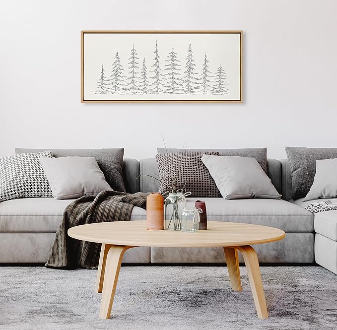 Kate and Laurel Sylvie Minimalist Evergreen Trees Sketch Framed Linen Textured Canvas Wall Art by The Creative Bunch Studio, 18x40 Natural, Decorative Panel Art