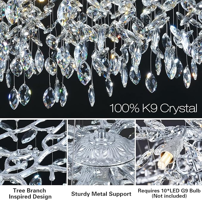 Modern Round Crystal Chandeliers, 30" Crystal Chandeliers for Dining Room,Silver Tree Branches Chandelier, for Living Room,High Ceiling,Foyer,Entryway,Kitchen Island