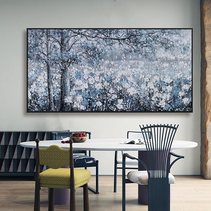 Canvas Wall Art Frame for Modern Living Room 29x58 Inches - Large Elegant Blue and White Tree Flower Landscape Picture Artwork for Bedroom, Dining Room, Home Office Decor