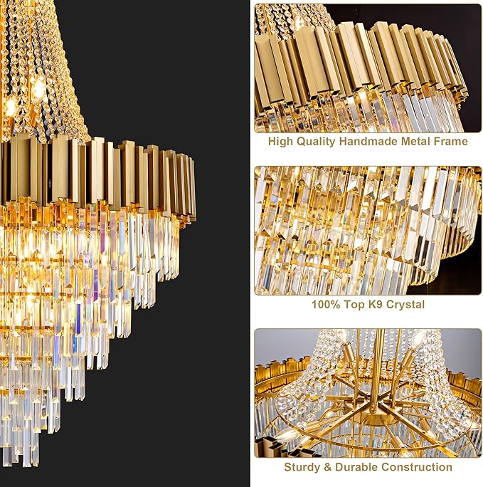 54" Long Crystal Chandelier for High Ceilings, 21-Light Modern Gold Large Chandeliers for Staircase, Foyer, Entryway, Living Room, Hallway, Luxury Top K9 Crystal Tiered Ceiling Light Fixture