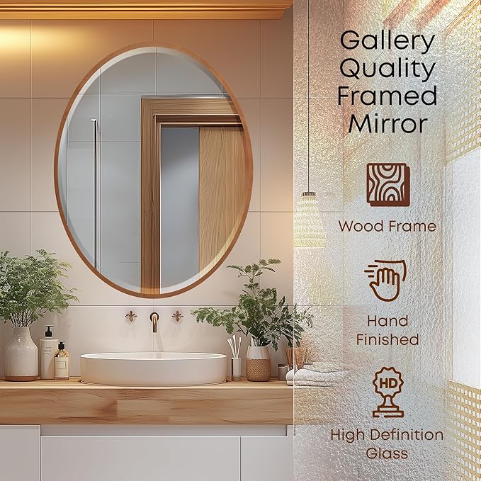 OVALCREST - Oval Wooden Beveled Wall Mirror for Home Decor, Bathroom, Vanity, Bedroom, Living Room, Hallway - London Style (Sunset Gold) 31.1 x 21.1