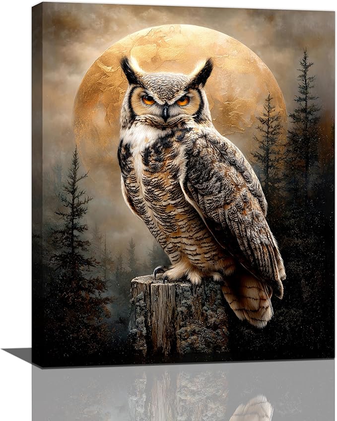 Cabin Owl Wall Art Moon and Forest Canvas Wall Decor Rustic Animal Pictures Paintings Prints Mystical Wildlife Artwork Framed Decorations For Bathroom Bedroom Living Room Office Gifts 16" x 20"