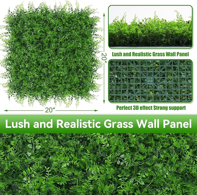 20"x20" 12pcs Grass Wall Panels, Artificial Fern Grass Backdrop with UV Protection, Fake Greenery Plant Boxwood Panels, Green Wall Decor for Outdoor Indoor Patio Garden Backyard