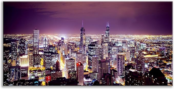 NAN Wind Large Modern City Chicago Skyline Pictures Cityscape Canvas Wall Art for Bedroom Downtown Poster Office Dining Room Wall Decor Wood Framed Night Scene Prints Paintings for Home Decorations