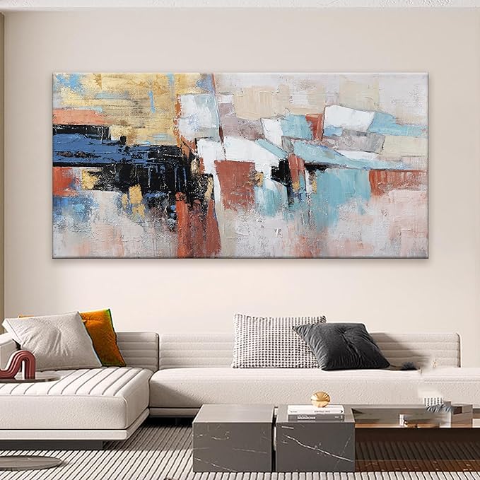 KUPTEU Canvas Wall Art Decor Large Wall Art For Living Room Abstract Art Blue Gold Wall Art Decor Large Canvas Art Work Colorful Abstract Wall Art Prints For Bedroom Office Kitchen Wall Decor 29"x58"