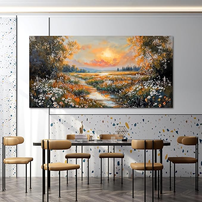 Canvas Wall Art Decor Large Vintage Wildflower Wall Art Prints Canvas Wall Art for Living Room River Sunset Art Work for Wall Decor Oversized Artwork for Walls Bedroom Office Wall art Decor 29" X 58"