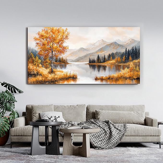 Large Wall Art Decor Art Work for Wall Decor Yellow Botanical Wall Art Prints Oversized Vintage Landscape Wall Art Decorations Lakeside Art Work for Walls Bedroom Ofiice Decor Aesthetic 29" X 58"