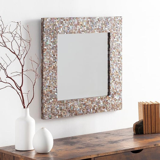 Mark&Day Wall Mirror, Leuth Global Bronze Square Vanity Mirrors for Bedroom Living Room Bathroom and Entryway Home Decor, Mounted Natural Mother of Pearl/Shell Frame (24" H x 24" W x 1" D)