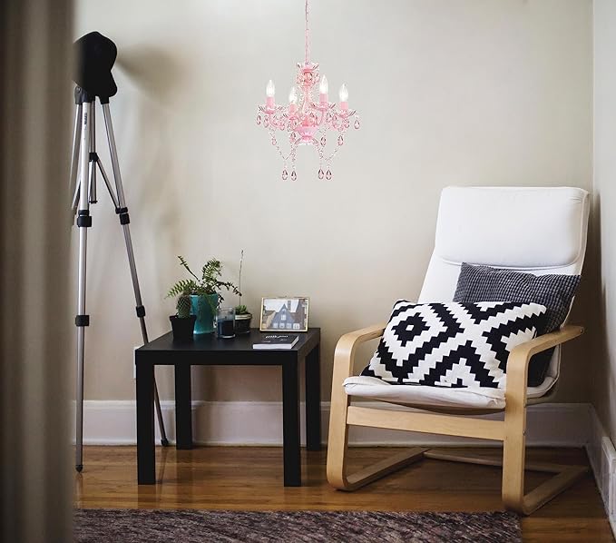 LaLuLa Mini Chandelier with Acrylic Crystals Pink Chandelier 4 Light Modern Chandeliers for Bedroom and Girls Room