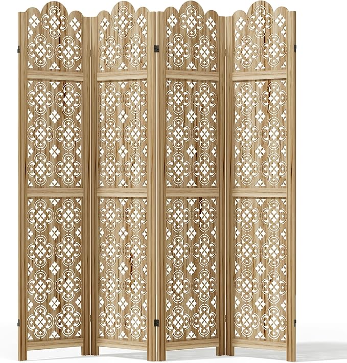 Casaphoria 4 Panels Room Divider, Folding Screen Room Divider with Copper Coin Pattern for Home Office, Restaurant and Bedroom, Paulownia Wood, 66" W x 67" H (Natural)