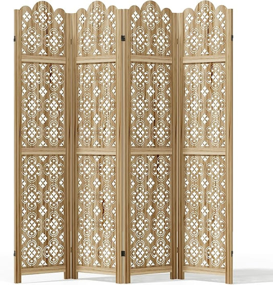 Casaphoria 4 Panels Room Divider, Folding Screen Room Divider with Copper Coin Pattern for Home Office, Restaurant and Bedroom, Paulownia Wood, 66" W x 67" H (Natural)