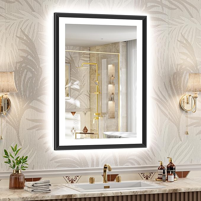 24x36 Black Framed Led Bathroom Mirror with Lights, Front Lit and Backlit, Lighted Vanity Mirror for Bathroom Wall, Anti-Fog, Dimmable, 3 Colors, Memory, HD Tempered Glass