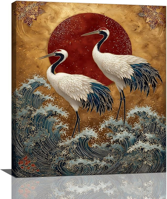 Japanese Crane Wall Art Gold Oriental Asian Wall Decor Sandhill Crane Canvas Pictures Paintings Prints Japan Traditional Aesthetic Artwork Framed Chinese Decorations For Bedroom Living Room Office Gifts 20" x 24"