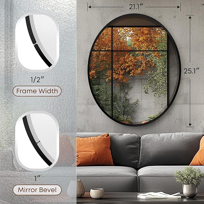 OVALCREST - Oval Wooden Beveled Wall Mirror for Home Decor, Bathroom, Vanity, Bedroom, Living Room, Hallway - London Style (Matte Black) 25.1 x 21.1