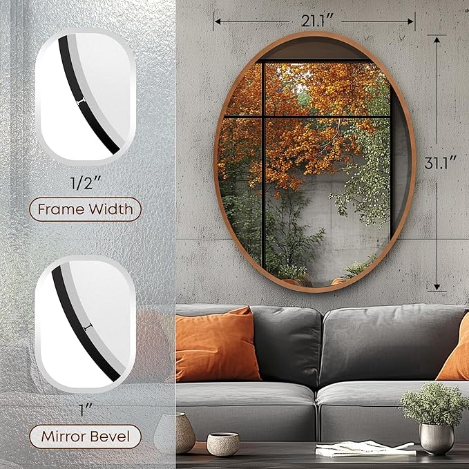 OVALCREST - Oval Wooden Beveled Wall Mirror for Home Decor, Bathroom, Vanity, Bedroom, Living Room, Hallway - London Style (Sunset Gold) 31.1 x 21.1