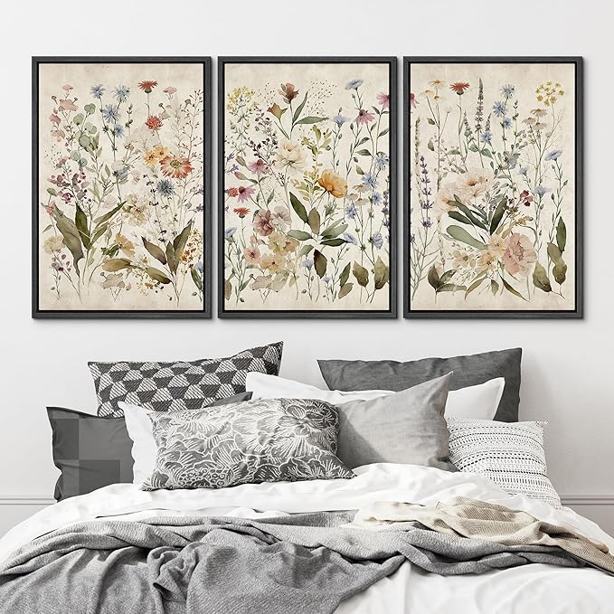 MUDECOR Framed Wall Art Print Set Blooming Wildflowers Illustrations Modern Art Decorative Colorful Chic for Living Room, Bedroom, Office - 16"x24"x3 Black