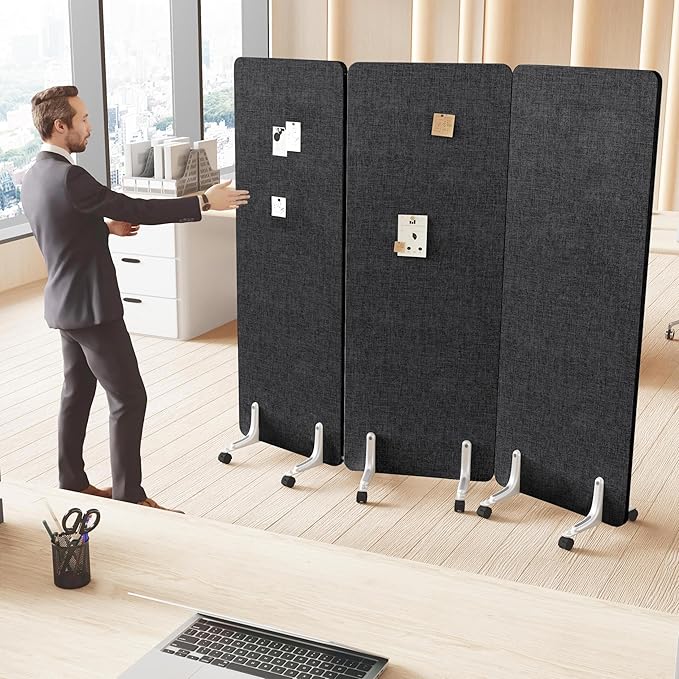70.8" W x 63" H Freestanding Partition Room Dividers, Acoustic Panels with Wheels, 3 Soundproof Privacy Panels for Office, Reception Room, School, Hospital, Dark Grey