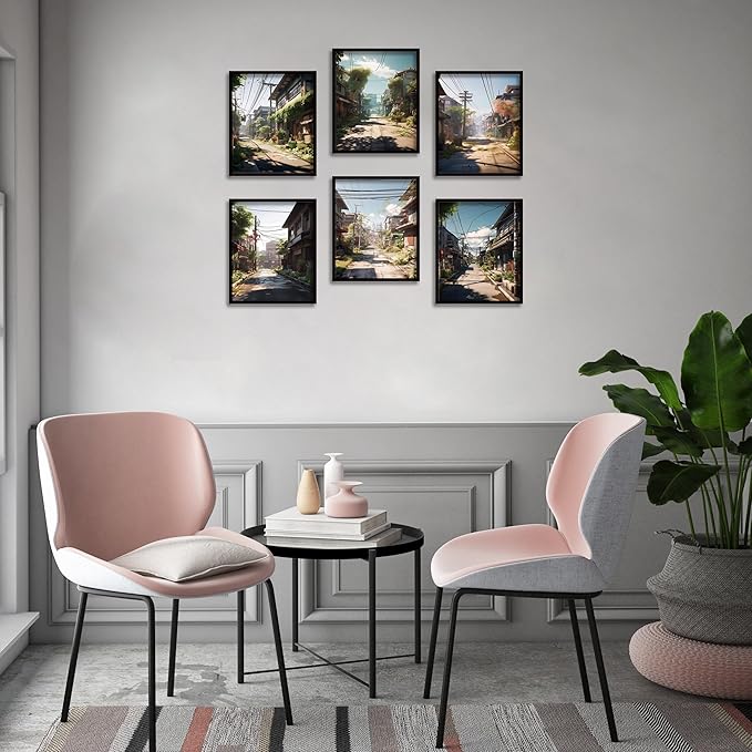 Luodroduo Japanese Wall Art Set of 6 Japan Rural Architecture Abstract Scenery Illustration Wall Decor Countryside Streets Canvas Art Poster for Living Room Bedroom Wall Art (D, 11"x14" UNFRAMED)