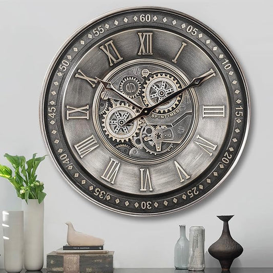 CLXEAST 24 Inch Large Moving Gear Wall Clock for Living Room Decor, Antique Silver Metal Roman Numerals Wall Clocks for Home Office