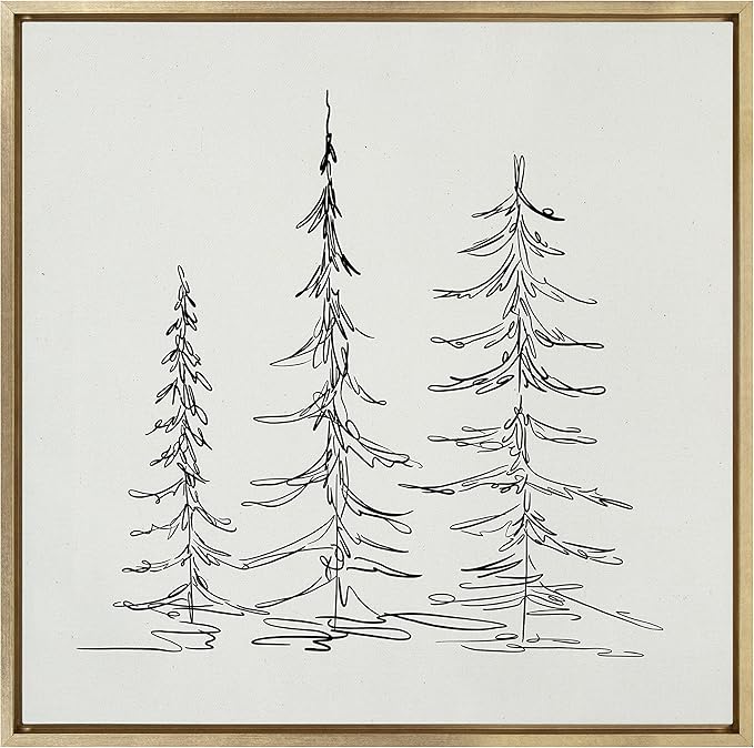 Kate and Laurel Sylvie Minimalist Evergreen Trees Sketch Framed Linen Textured Canvas Wall Art by The Creative Bunch Studio, 30x30 Gold, Chic Modern Art for Wall