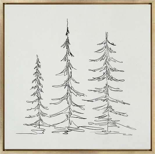 Kate and Laurel Sylvie Minimalist Evergreen Trees Sketch Framed Linen Textured Canvas Wall Art by The Creative Bunch Studio, 30x30 Gold, Chic Modern Art for Wall