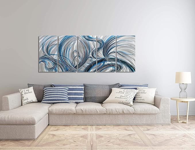 BATRENDY ARTS Large Silver Metal Wall Art Handmade Contemporary Abstract Lines Blue and Black Home Decor Painting for Bedroom