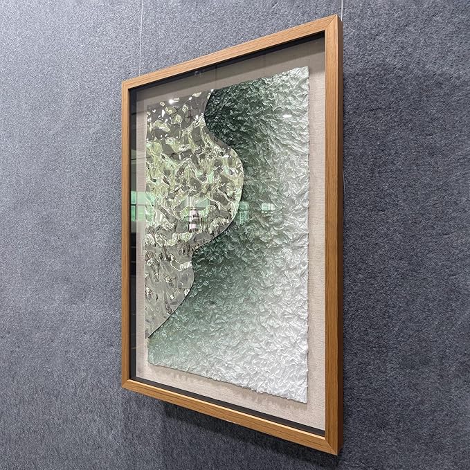 BrightA Embossed Metal Wave Wall Art - Hand-Painted Tissue Paper Gradient (Mist Green) and Silver 3D Wall Art, Contemporary Abstract Metal Sculpture for Living Room 27.5"x 39.4"