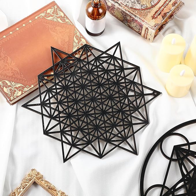 Leinuosen 4 Pcs 12 Inch Crystal Grid Board Sacred Geometric Wall Art Set Metatron Cube, Flower of Life, Sri Yantra, 64 Star Tetrahedron Pagan Decor Home Wall Decor for Room(Black)