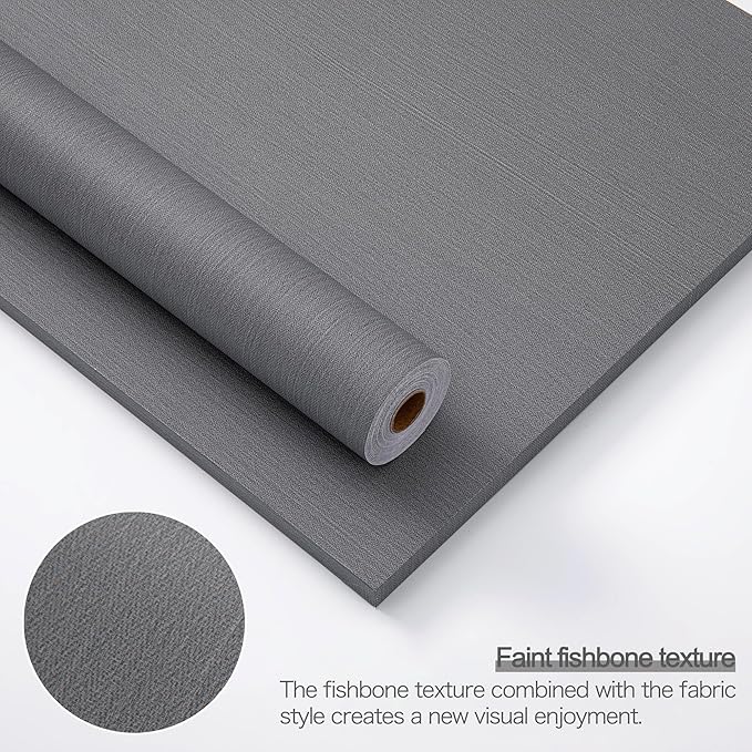 24"x393" Grey Grasscloth Peel and Stick Fabric Textured Contact Paper Linen Wallpaper Vintage Matte Frosted Waterproof Flax Wallpaper for Bedroom Bathroom Kitchen (Dark Gray)