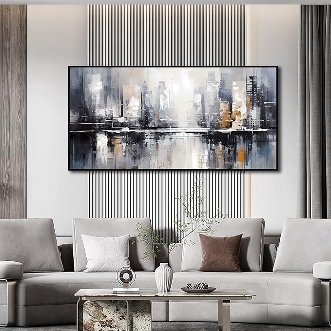 Abstract Wall Art for Living Room, Black White and Gold Wall Decor for Bedroom, Gray City Canvas Print, Large Size 59 x 29 Inches Framed