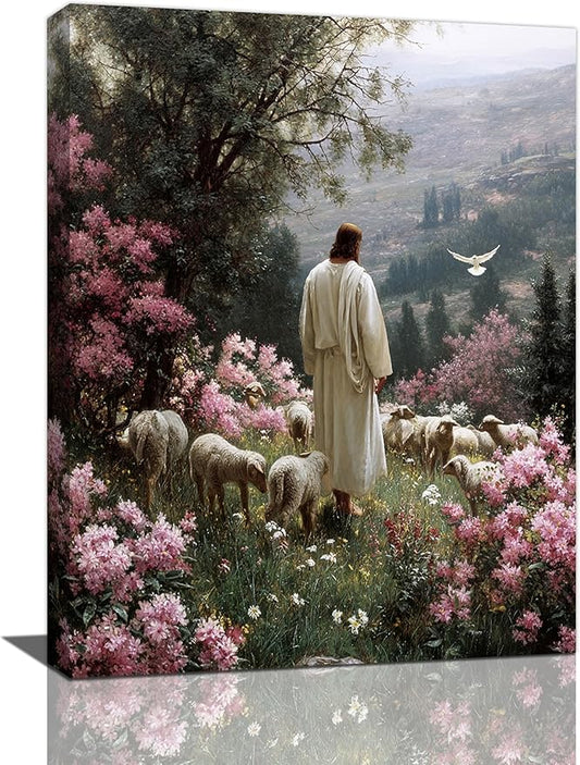Jesus Wall Art Christian Jesus Lamb Wall Decor Religious God Canvas Painting Pictures Print Christ Decorations for Living Room Bedroom Church Framed Gifts 12”X16”