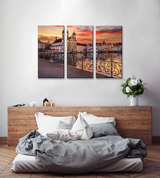 3Pcs European Cityscape Canvas Wall Art Scenic Sunset Over River Cathedral with Domes Lucerne-Inspired Architecture Romantic Travel Destination Decorative Framed Artwork for Living Rooms Bedrooms