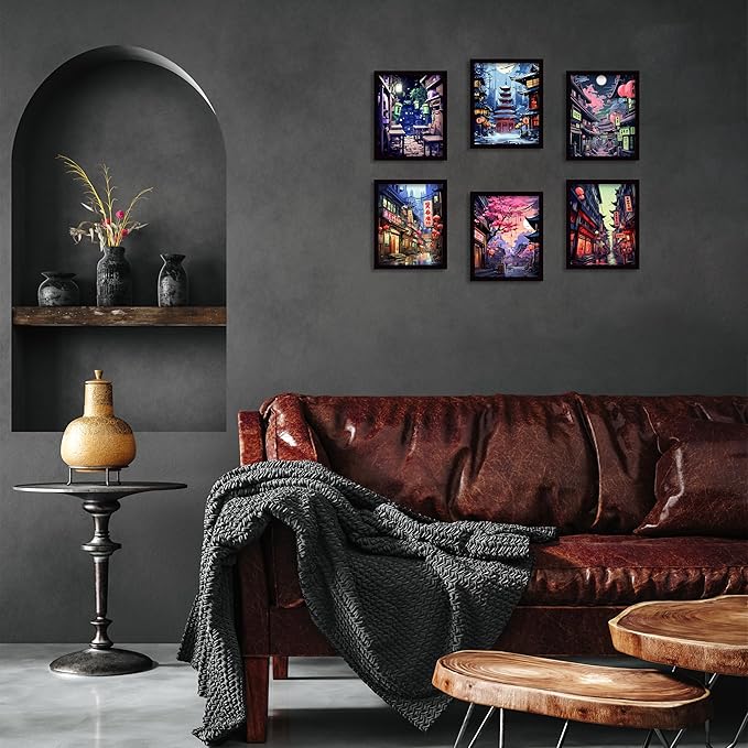 Luodroduo Japanese Wall Art Set of 6 Japan Rural Architecture Abstract Scenery Illustration Wall Decor Countryside Streets Canvas Art Poster for Living Room Bedroom Wall Art (A, 8"x10" UNFRAMED)