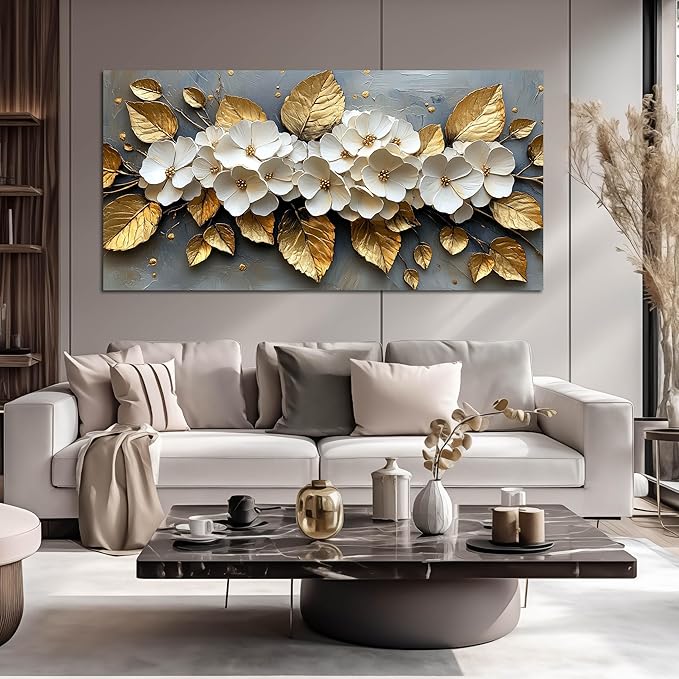 CANEITO Flower Wall Art for Living Room, White Plum Blossom and Golden Leaves Wall-Decor for Bedroom, Natural Canvas Prints Pictures for Hallway Office, Large Size 59x29 Inches