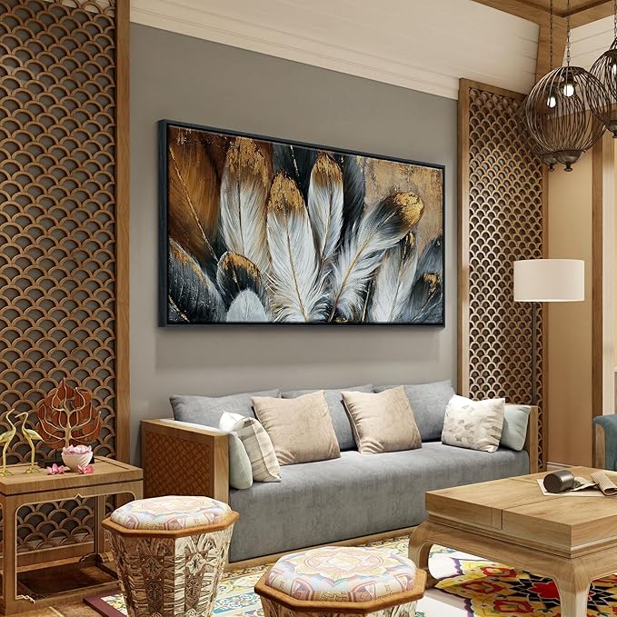 Mofutinpo Framed Wall Art Modern Living Room Bedroom Wall Decoration Large Canvas Painting Artwork for Home Decor Gold Brown Feather Picture Ready to Hang 30x60 Size Black Framed