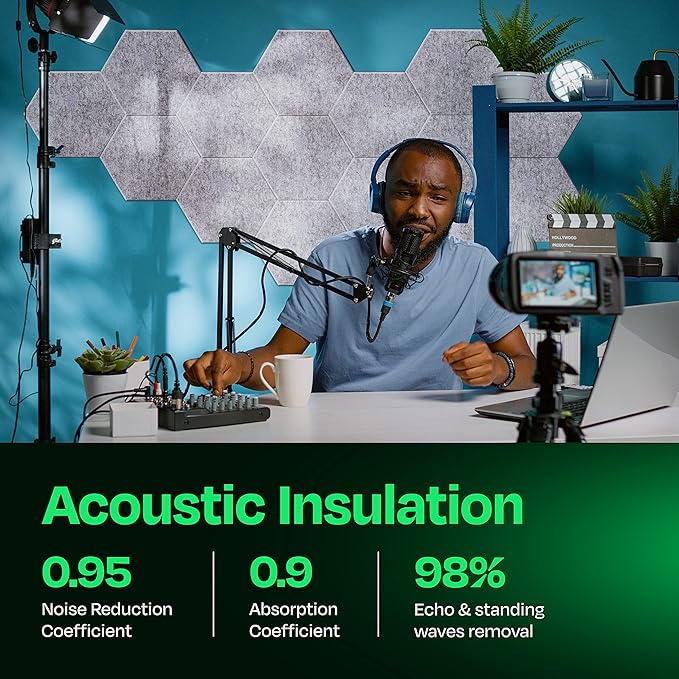 Acoustic Panels 12-Pack Soundproof Wall Panels 14"X12.1"X0.4" Sound Panels High Density Sound Dampening Panels - [Smoky White Hexagon]