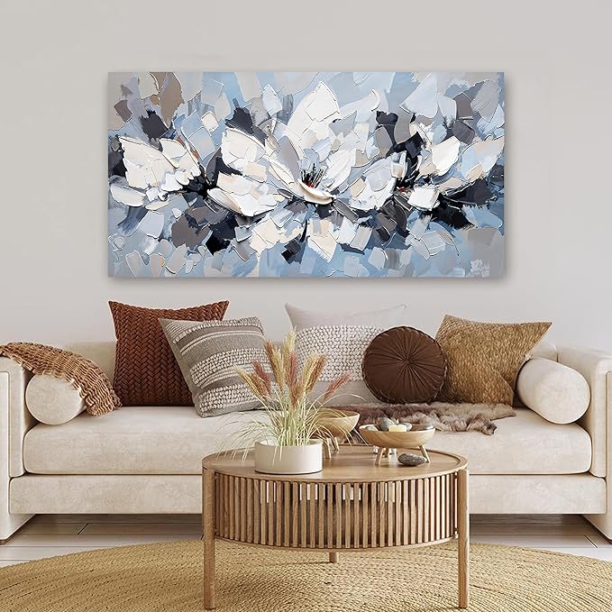 Abstract Canvas Wall Art Decor Modern White Wall Art for Living Room Abstract Canvas Art Wall Decor Flower Pictures Large Blue Wall Art Prints Artwork for Walls Bedroom Office Decor 24" X 48"