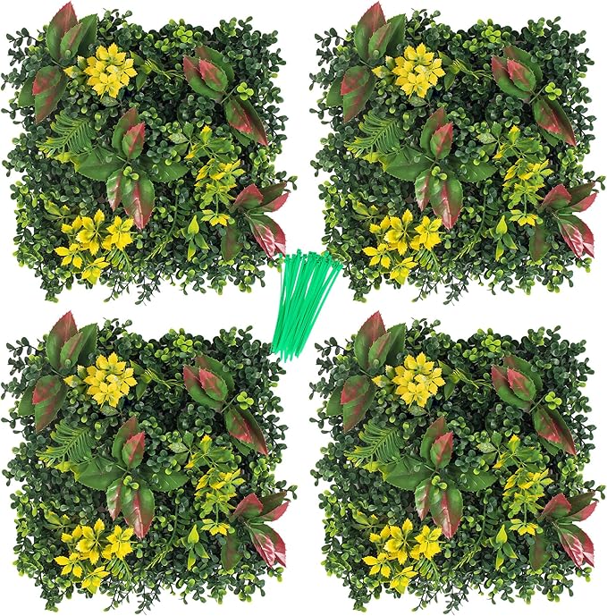 Artificial Grass Wall, 3D Grass Backdrop, Plant Backdrop with Zip Ties, Artificial Hedge Panels, Grass Wall Panels for Indoor & Outdoor Decoration, 10 * 10 Inch, 4 Pack
