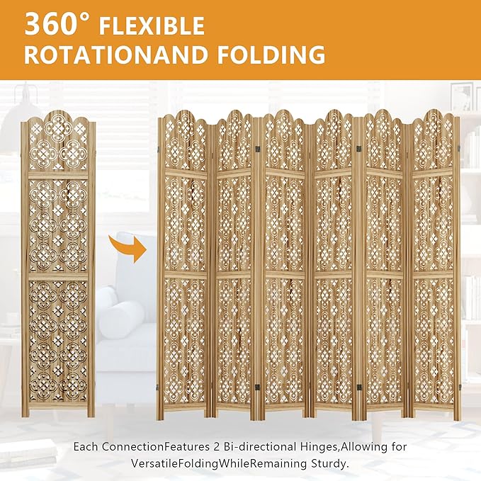 Casaphoria 6 Panels Room Divider, Folding Screen Room Divider with Copper Coin Pattern for Home Office, Restaurant and Bedroom, Paulownia Wood, 95" W x 67" H (Natural)