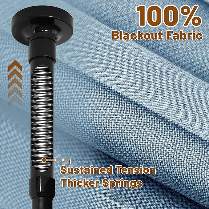 AJAZZ Room Divider Curtain (2 Panels, Blue, W100 x L96 in)+ Tension Curtain Rod No Drilling (H) 43-120×(W) 35-200 in, for Privacy/Soundproof Curtains, Heavy Duty Wall Separator